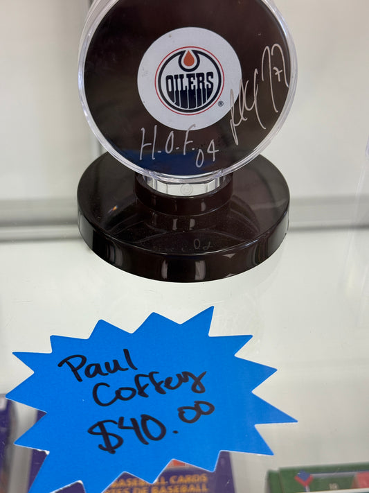 Paul Coffey Autographed Puck with Edmonton Oilers logo