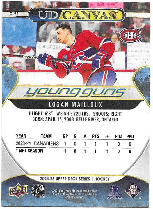 Logan Mailloux #C-92 UD Canvas Young Guns