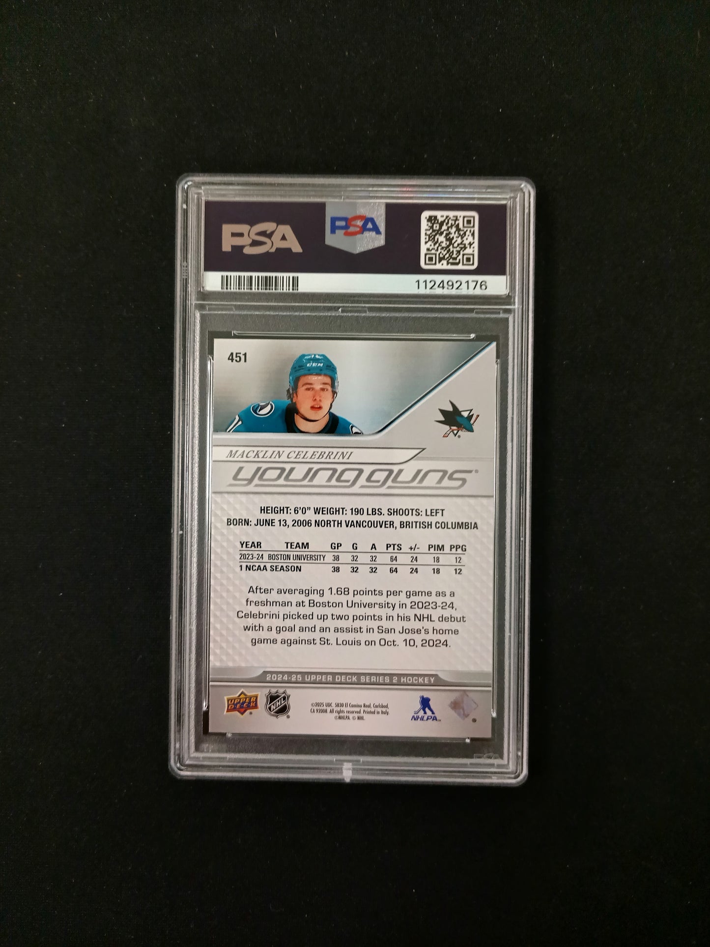 [PSA 8] Macklin Celebrini #451 Young Guns 2024-25 Upper Deck Series Two