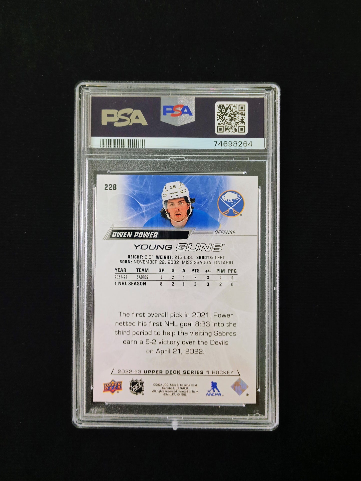 [PSA 9] 035/100 Owen Power #228 Young Guns 2022-23 Upper Deck Exclusives Series 1 Hockey