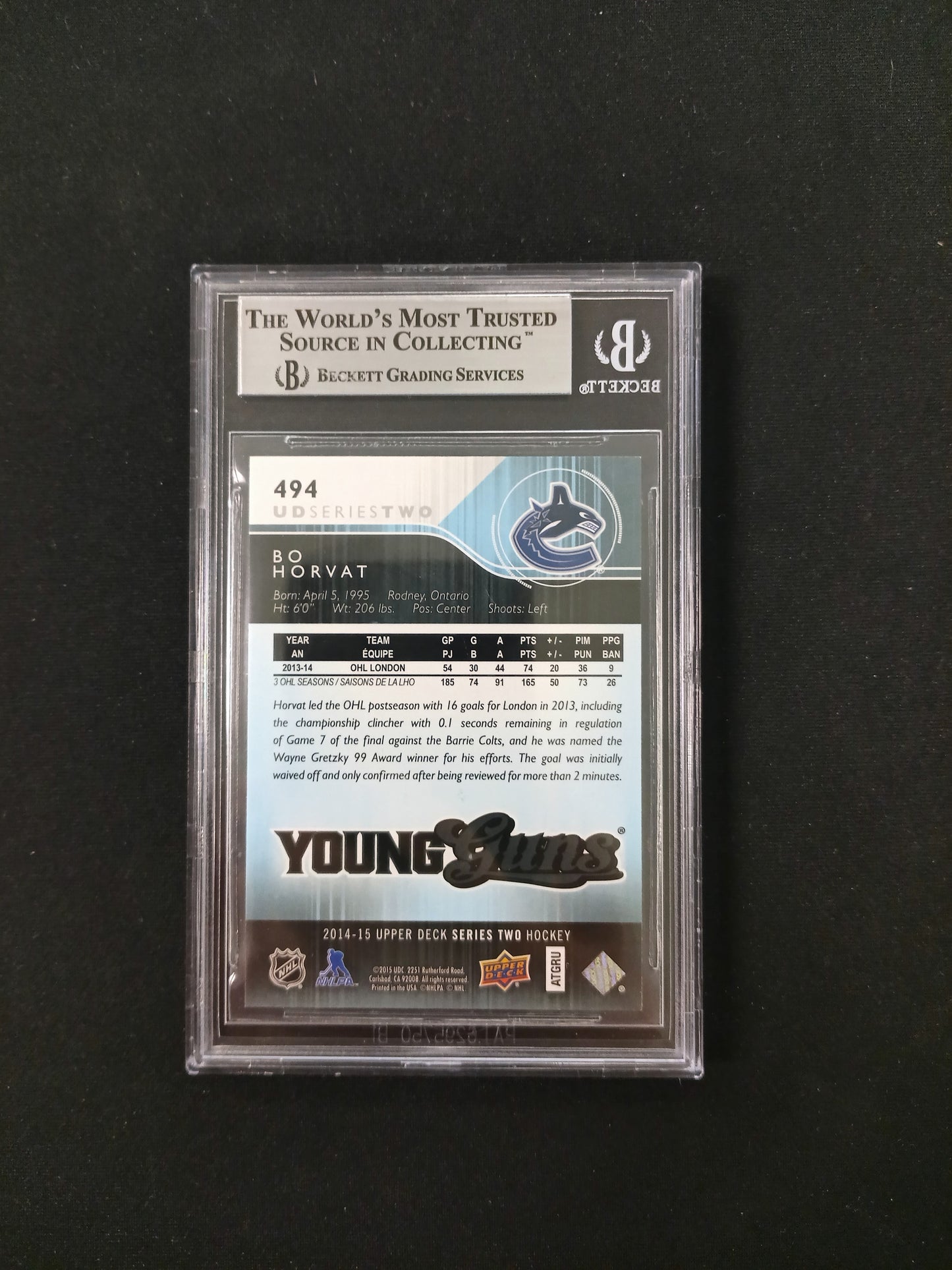 [Beckett Auth Auto] Bo Horvat -Vancouver Canucks #494 Young Guns 2014-15 Upper Deck Series Two Hockey