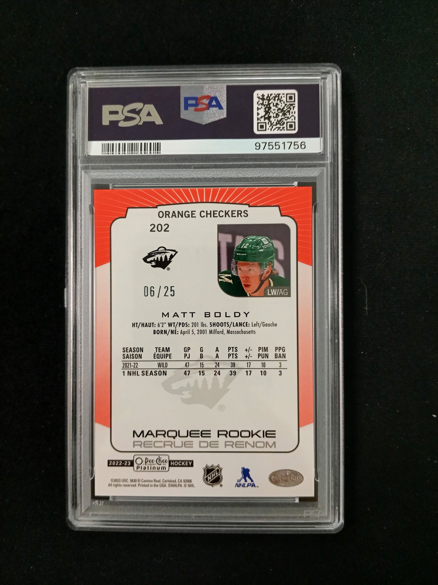 [PSA 9] Matt Boldy #202 2022 O-Pee-Chee Platinum [Orange Checkers]
