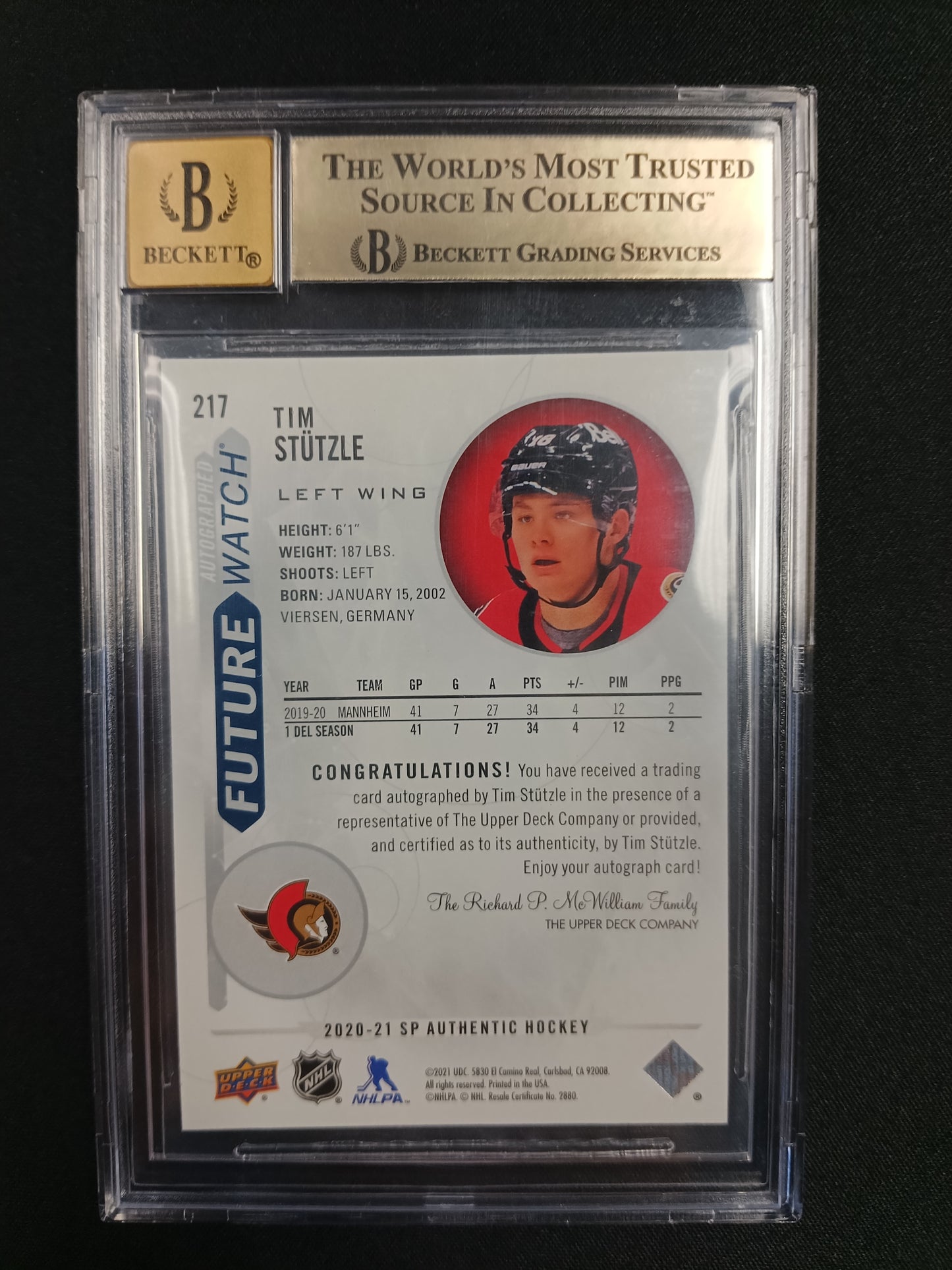 [BGS 9.5 Auto 10] Tim Stutzle Future Watch Auto 683/999 #217