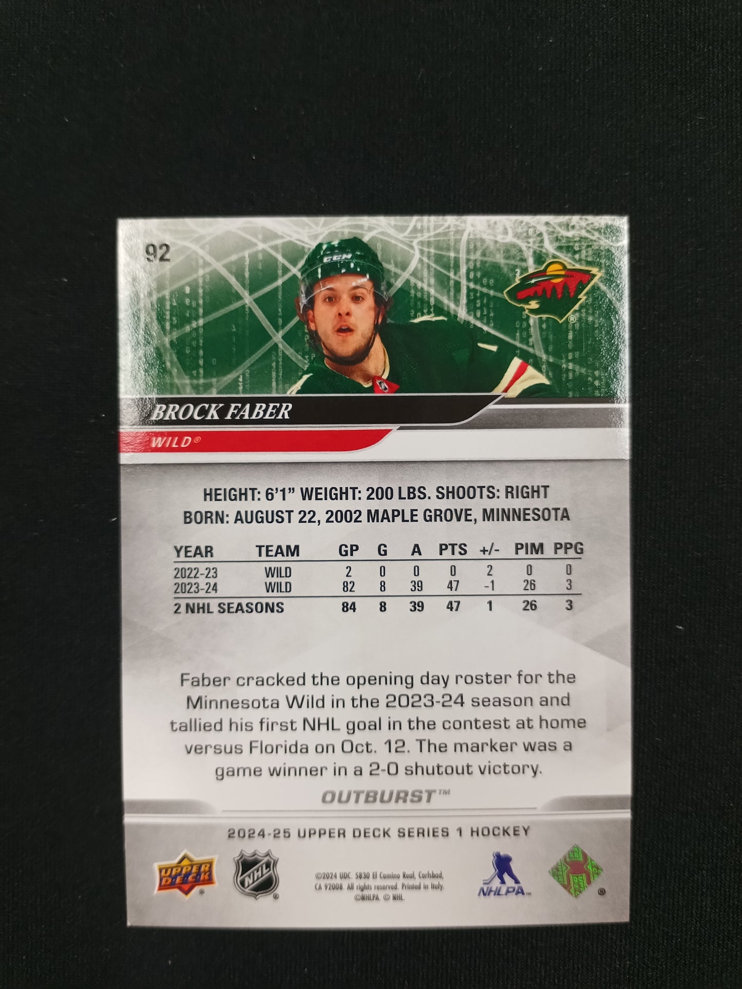 Brock Faber 24-25 UD Series 1 Hockey Red Outburst 15/25