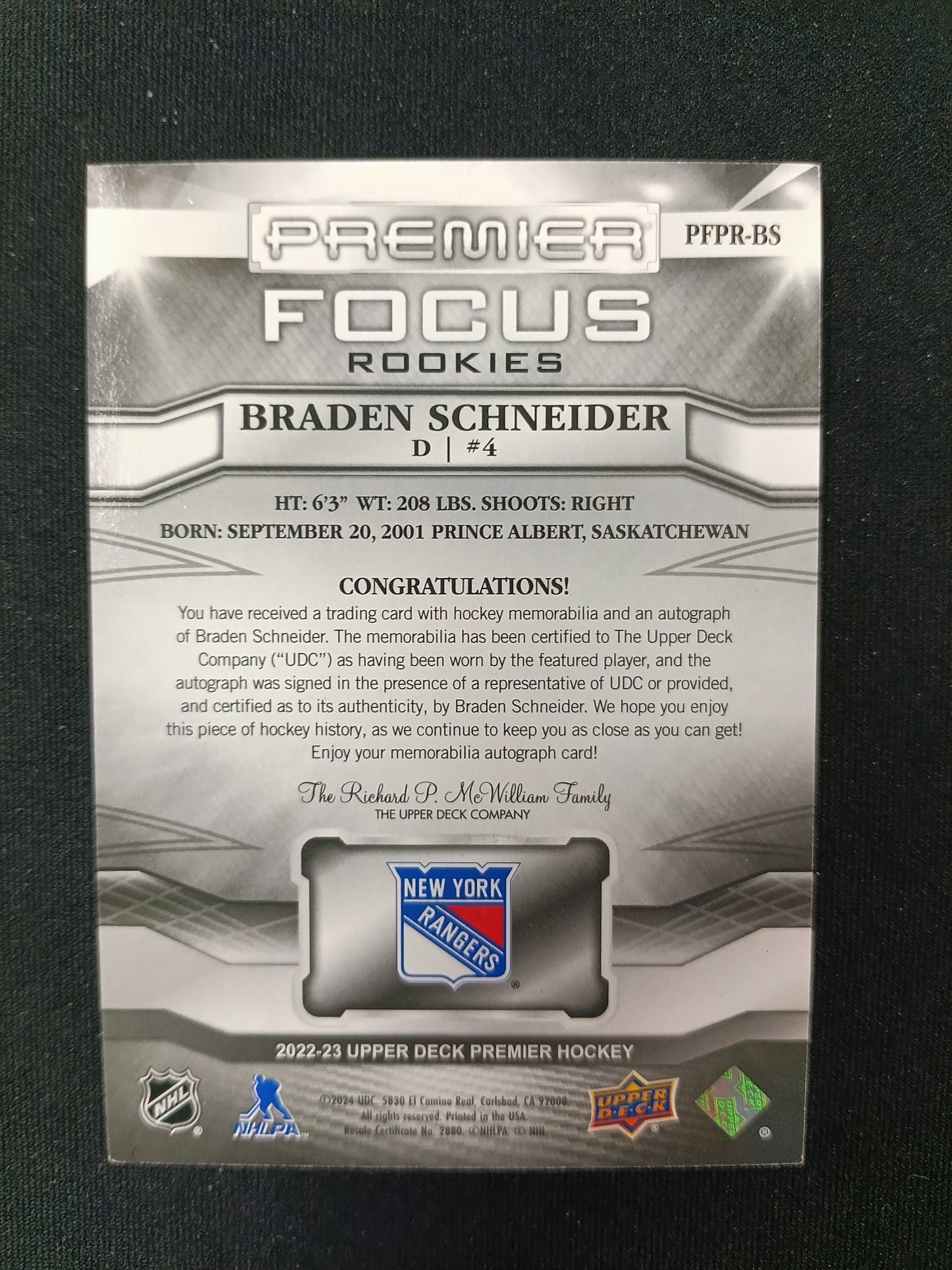 052/125 | Braden Schneider #PFPR-BR Premier Focus Rookies Auto Patch