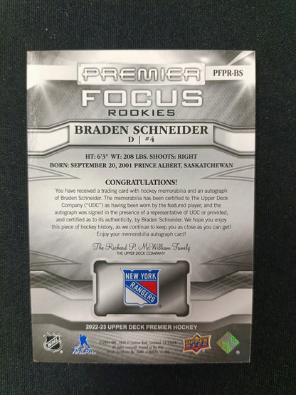 052/125 | Braden Schneider #PFPR-BR Premier Focus Rookies Auto Patch