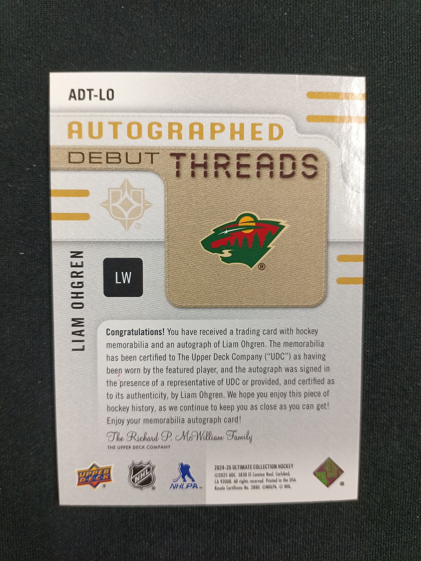 Liam Ohgren 24-25 Ultimate Collection Hockey Autographed Debut Threads 49/99
