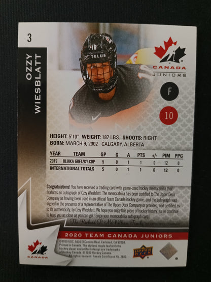 Ozzy Wiesblatt 2020 Team Canada Juniors Premium Auto 55/199