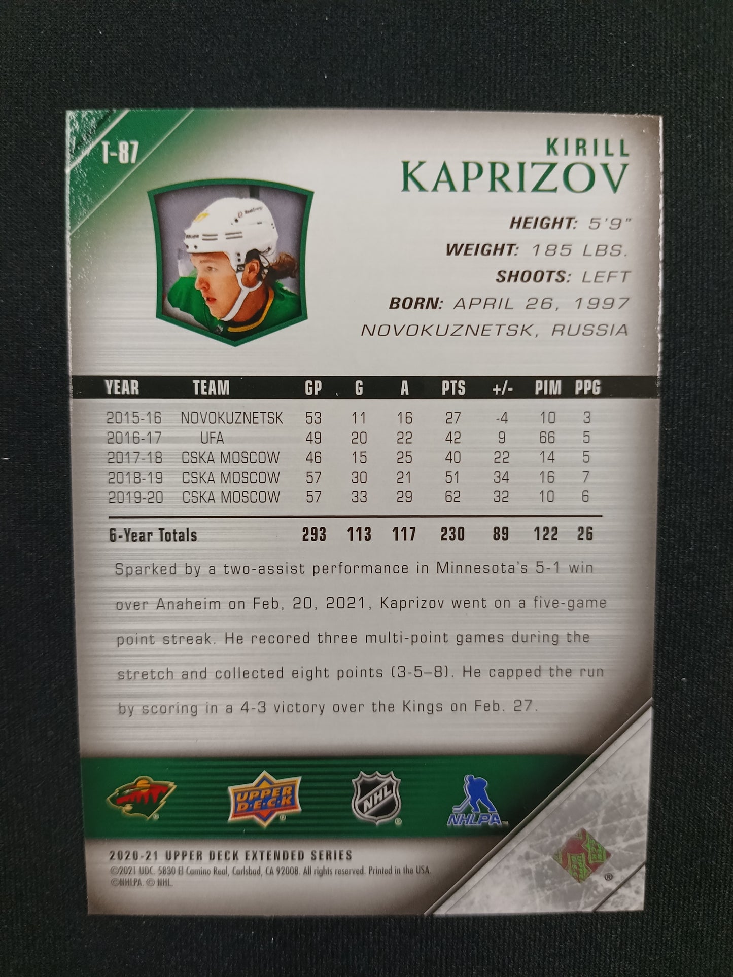 Kirill Kaprizov Rookies 20-21 UD Extended Series