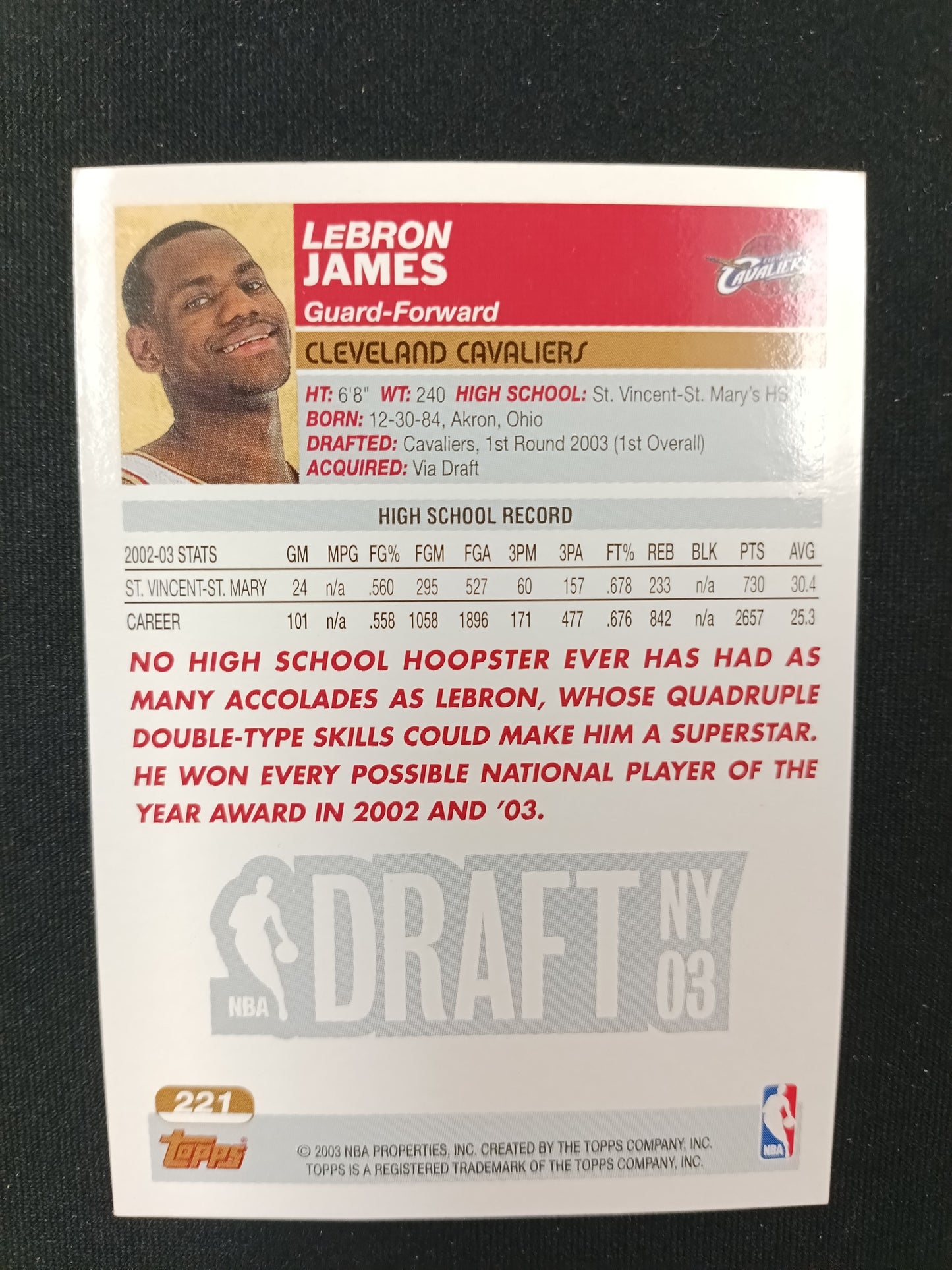 Lebron James [RC] #221 Draft Pick #1