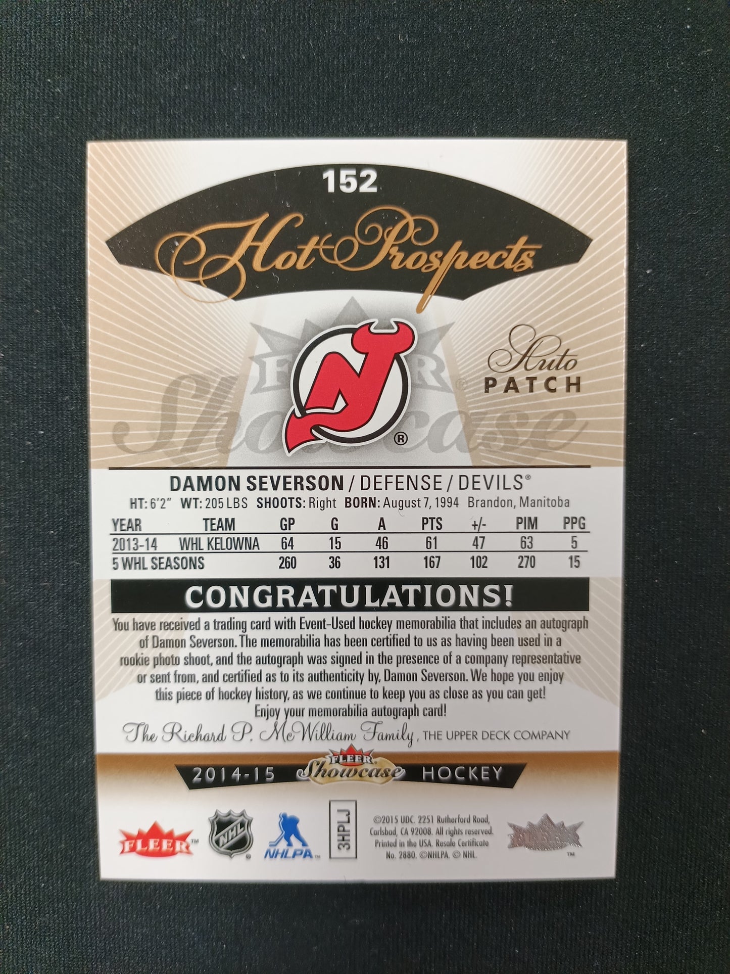 185/375 | Damon Severson #152 Hot Prospects Auto Patch