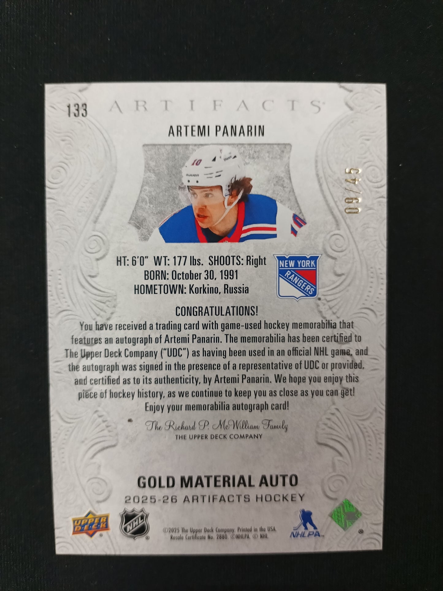09/45 | Artemi Panarin #133 Artifacts [Gold Material Auto]