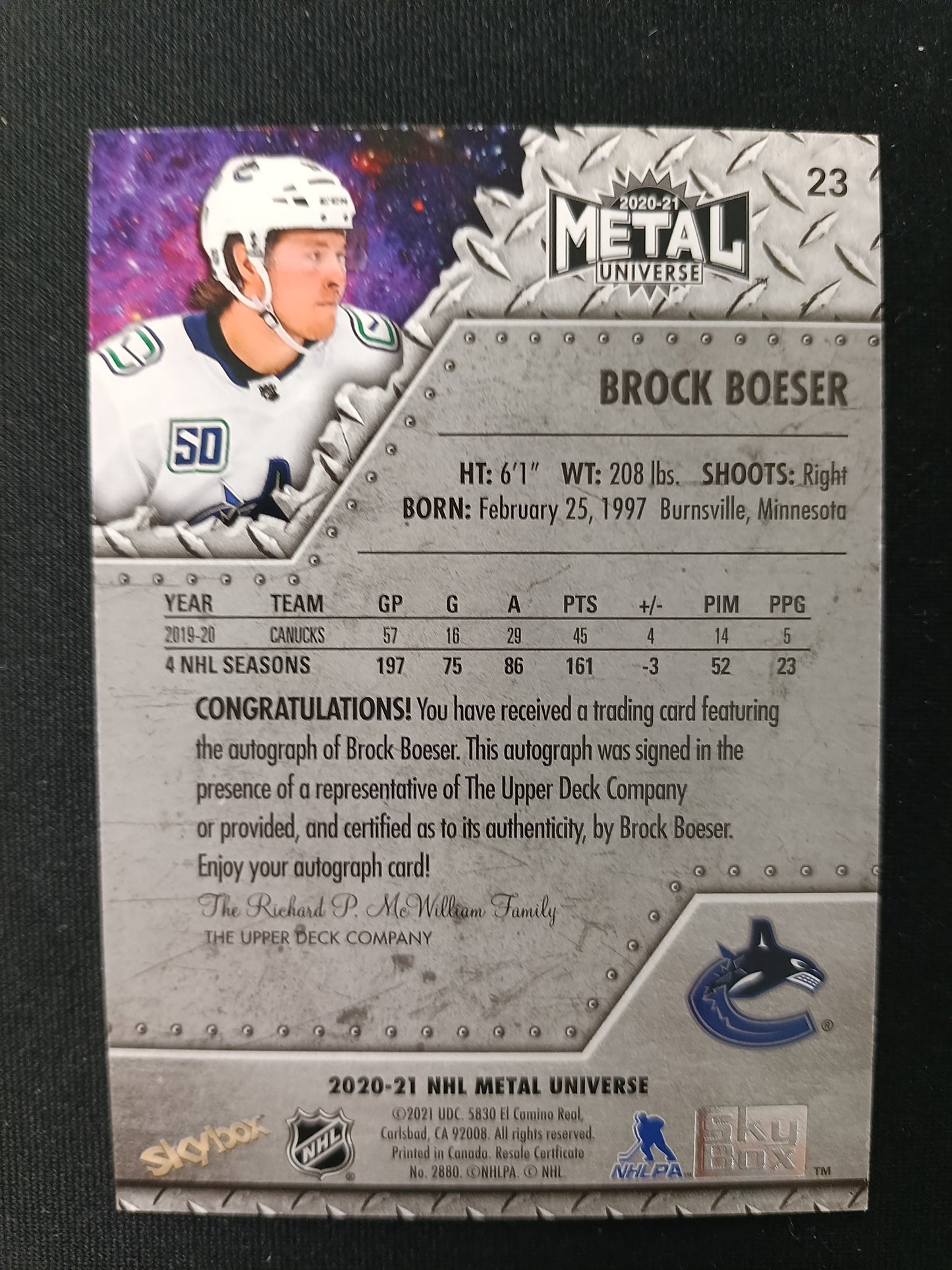 Brock Boeser #23 Metal Universe Auto