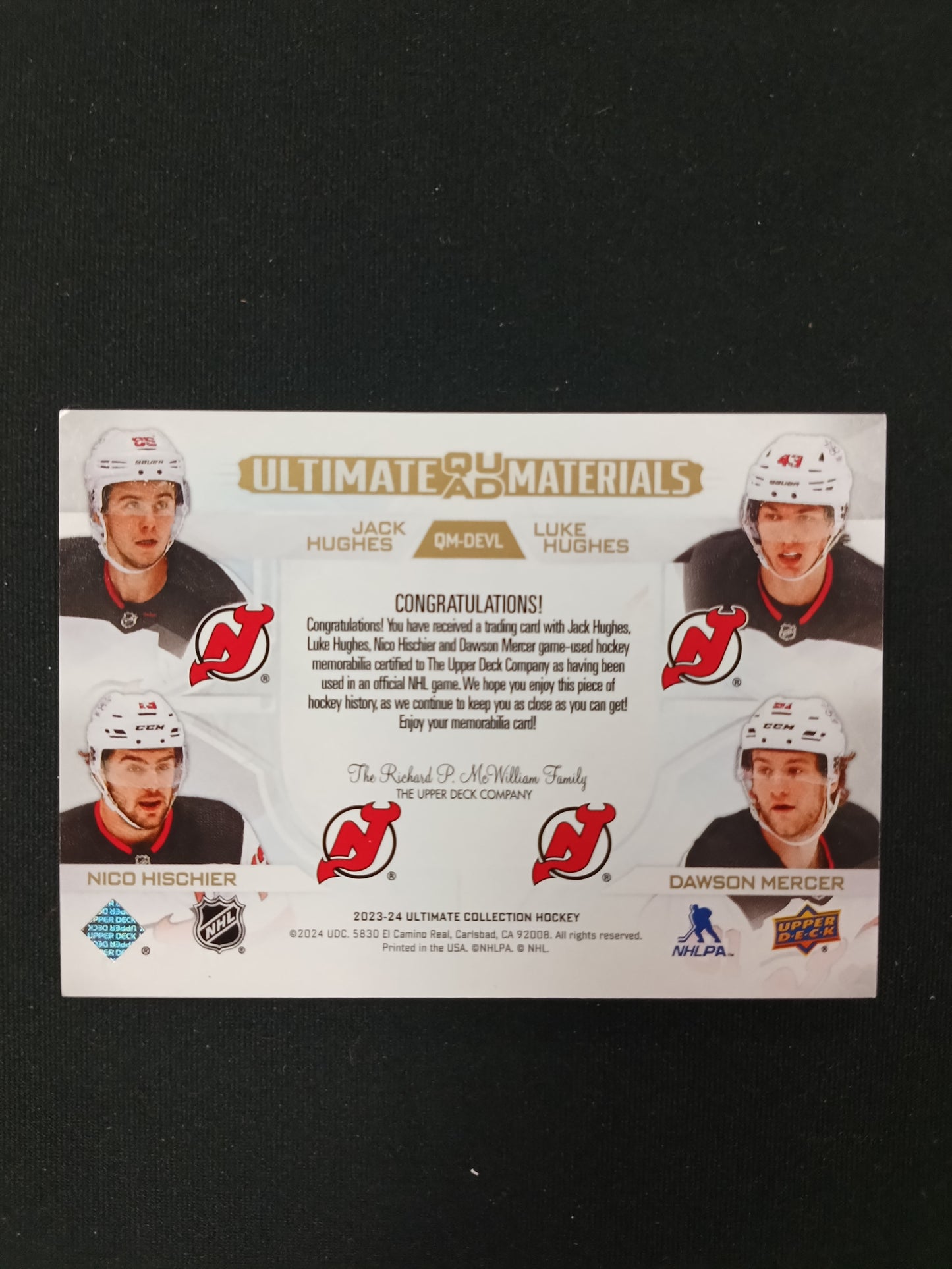 16/25 | Hughes / Hughes / Hischier / Mercer #QM-DEVL Ultimate Quad Materials