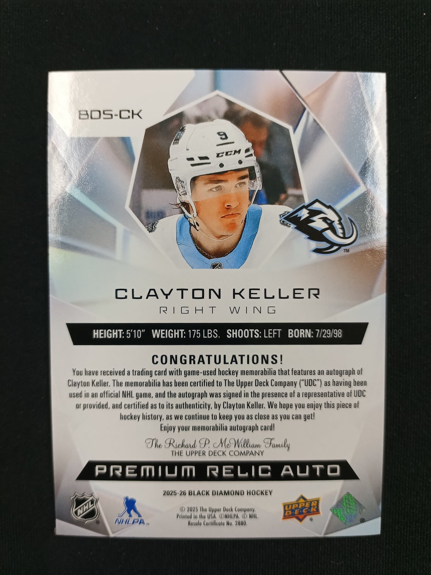 11/25 | Clayton Keller #BDS-CK Black Diamond [Premium Relic Auto]