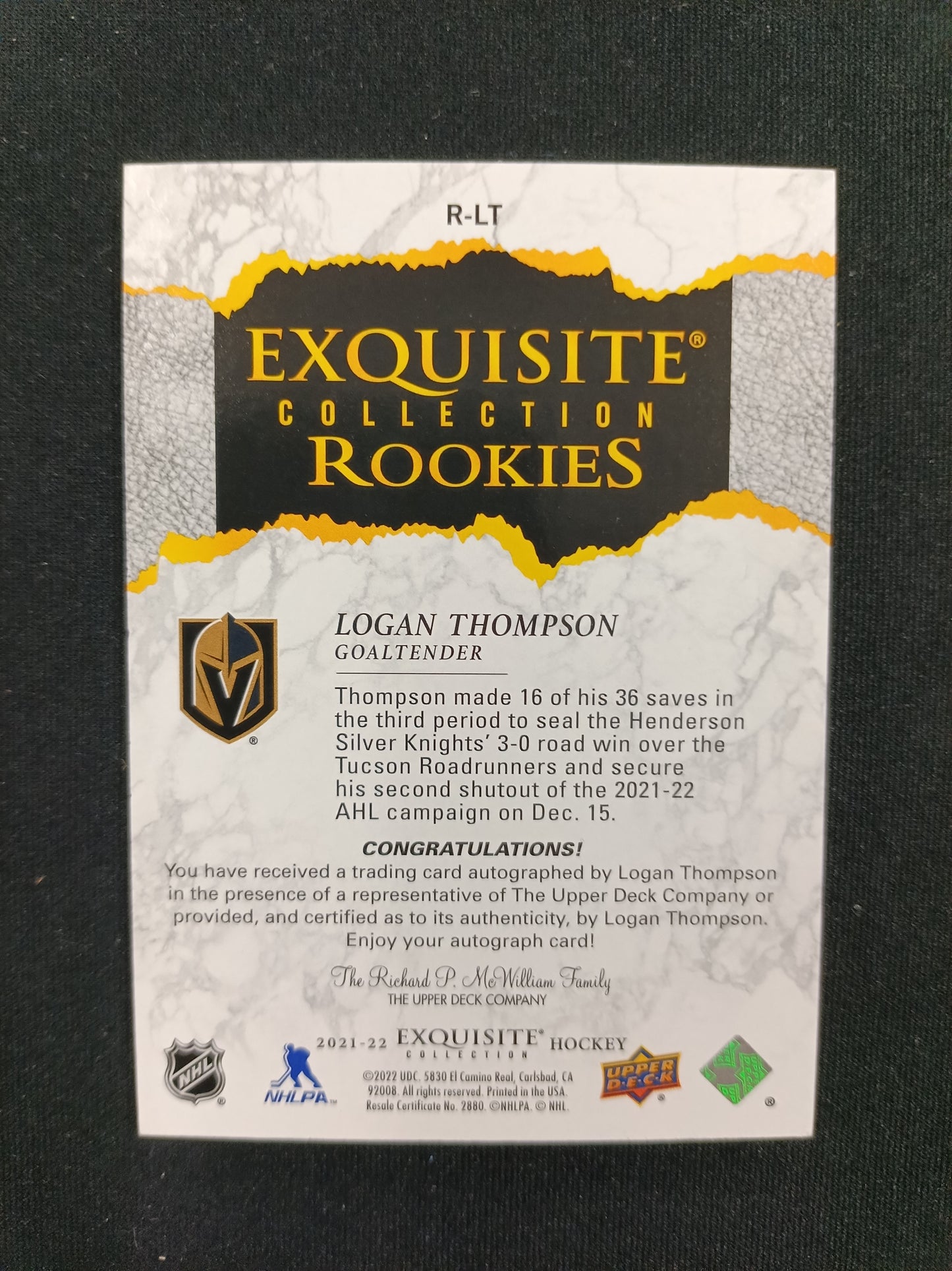 67/99 | Logan Thompson #R-LT Exquisite Rookies Auto