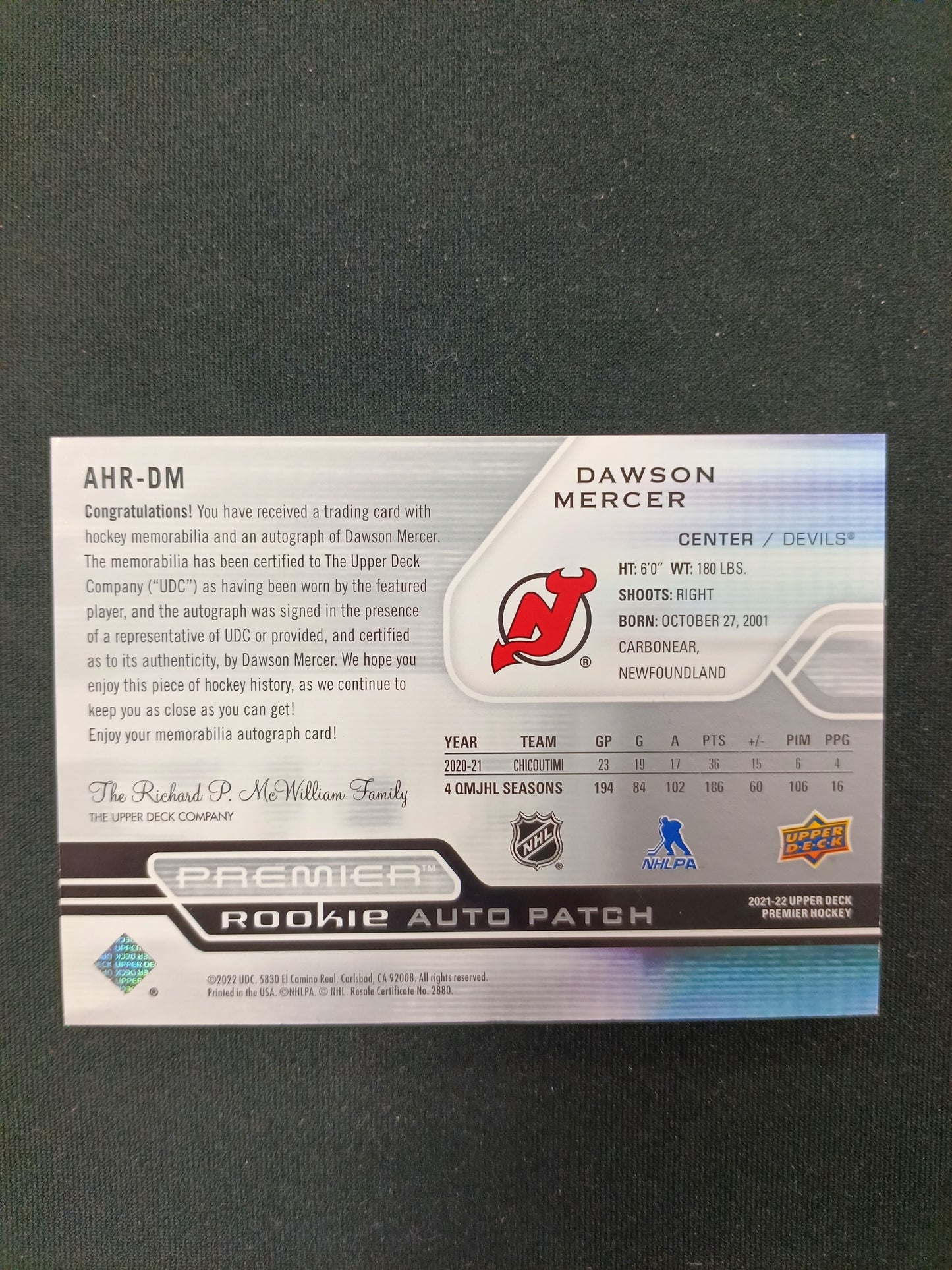 32/99 | Dawson Mercer #AHR-DM Rookie Auto Patch