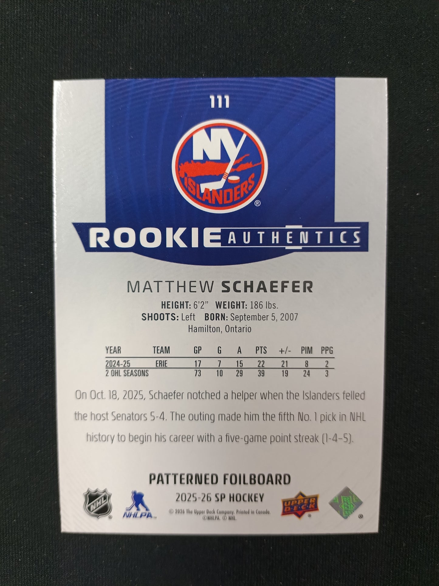 Matthew Schaefer #111 Rookie Authentics [Patterned Foilboard]