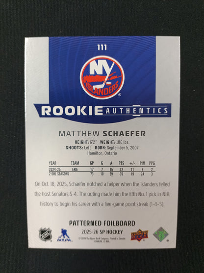 Matthew Schaefer #111 Rookie Authentics [Patterned Foilboard]