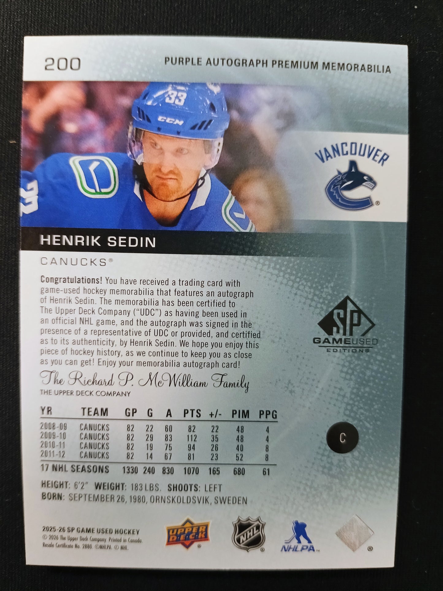 Henrik Sedin 25-26 SP Game Used 5/10