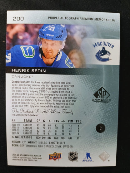 Henrik Sedin 25-26 SP Game Used 5/10