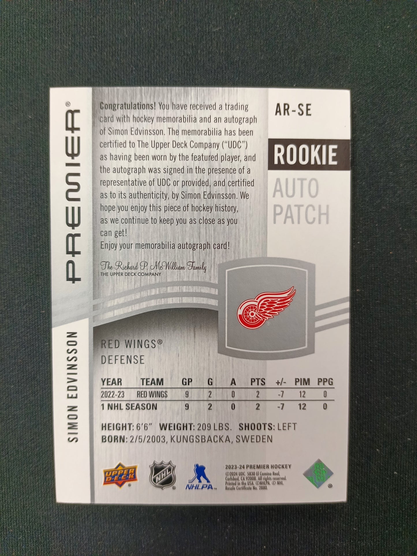 234/249 | Simon Edvinsson #AR-SE Premier Rookie Auto Patch