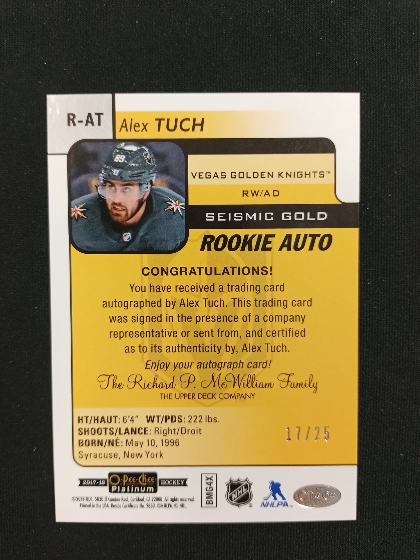 17/25 | Alex Tuch #R-AT Rookie Auto [Seismic Gold]