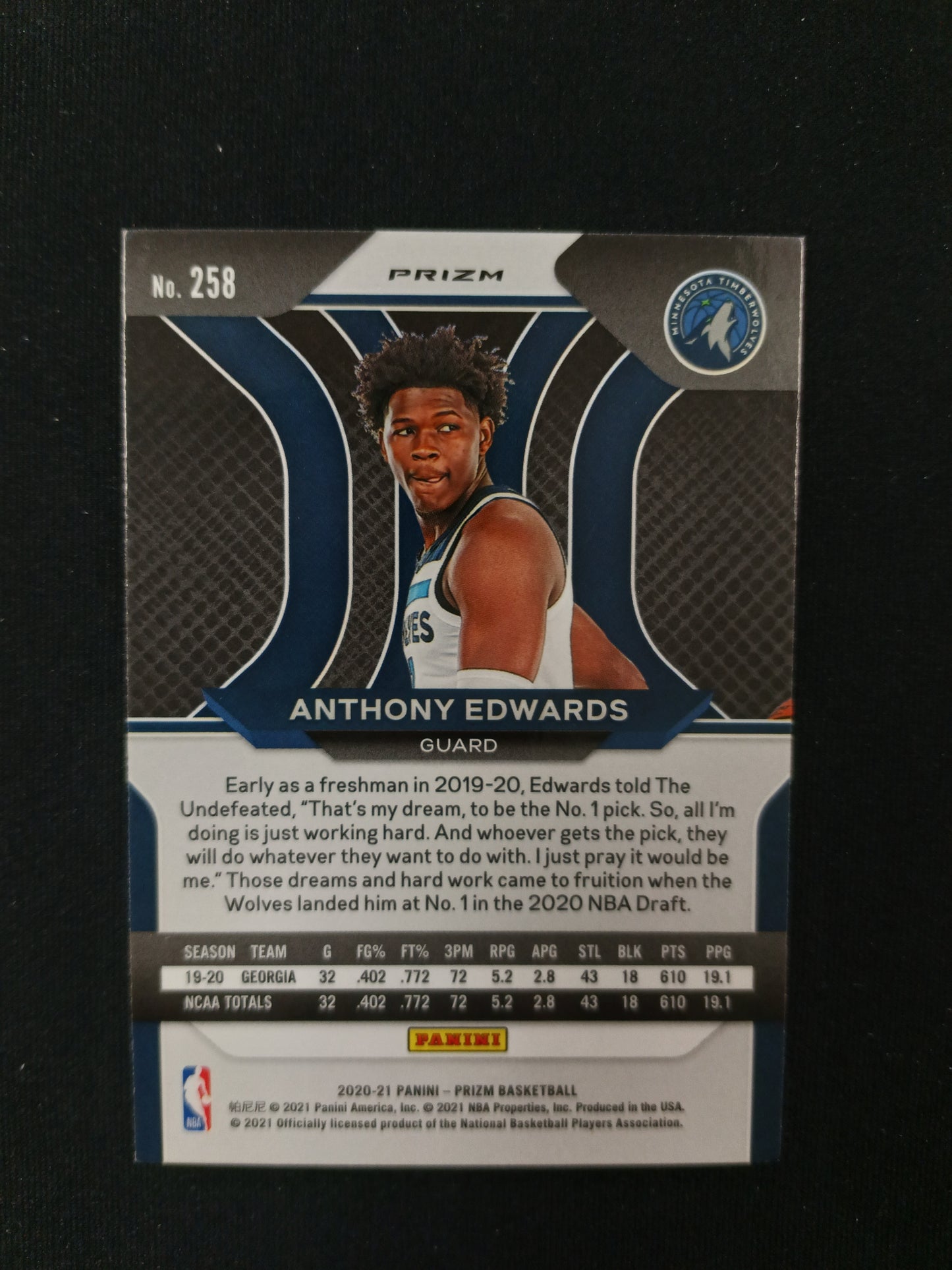 Anthony Edwards [RC] #258 Prizm 2020-21 [Silver Prizm]