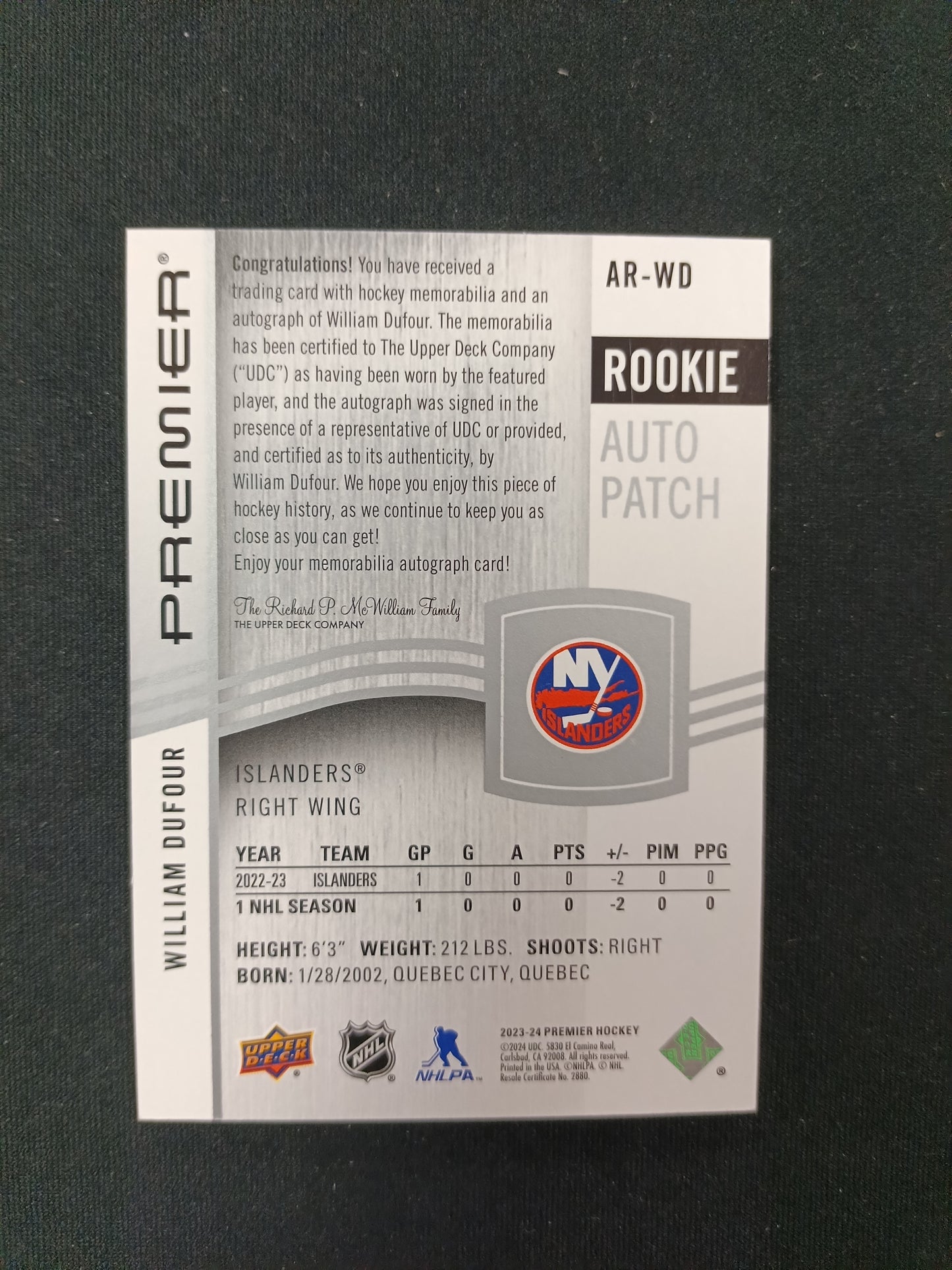244/249 | William Dufour #AR-WD Rookie Auto Patch