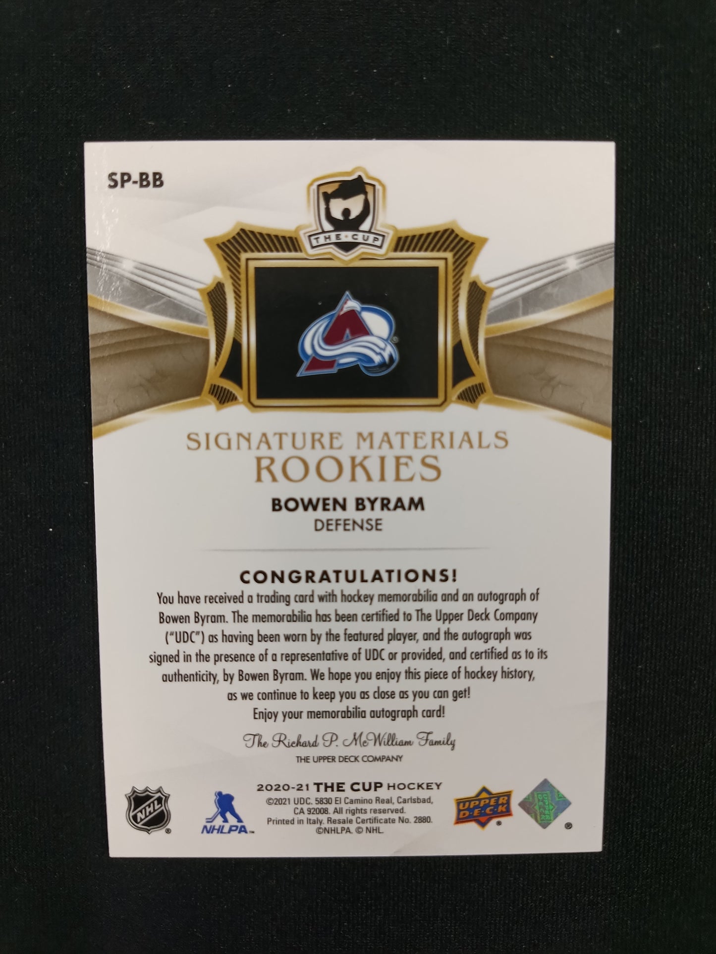 68/99 | Bowen Byram #SP-BB Signature Materials Rookie Auto Patch