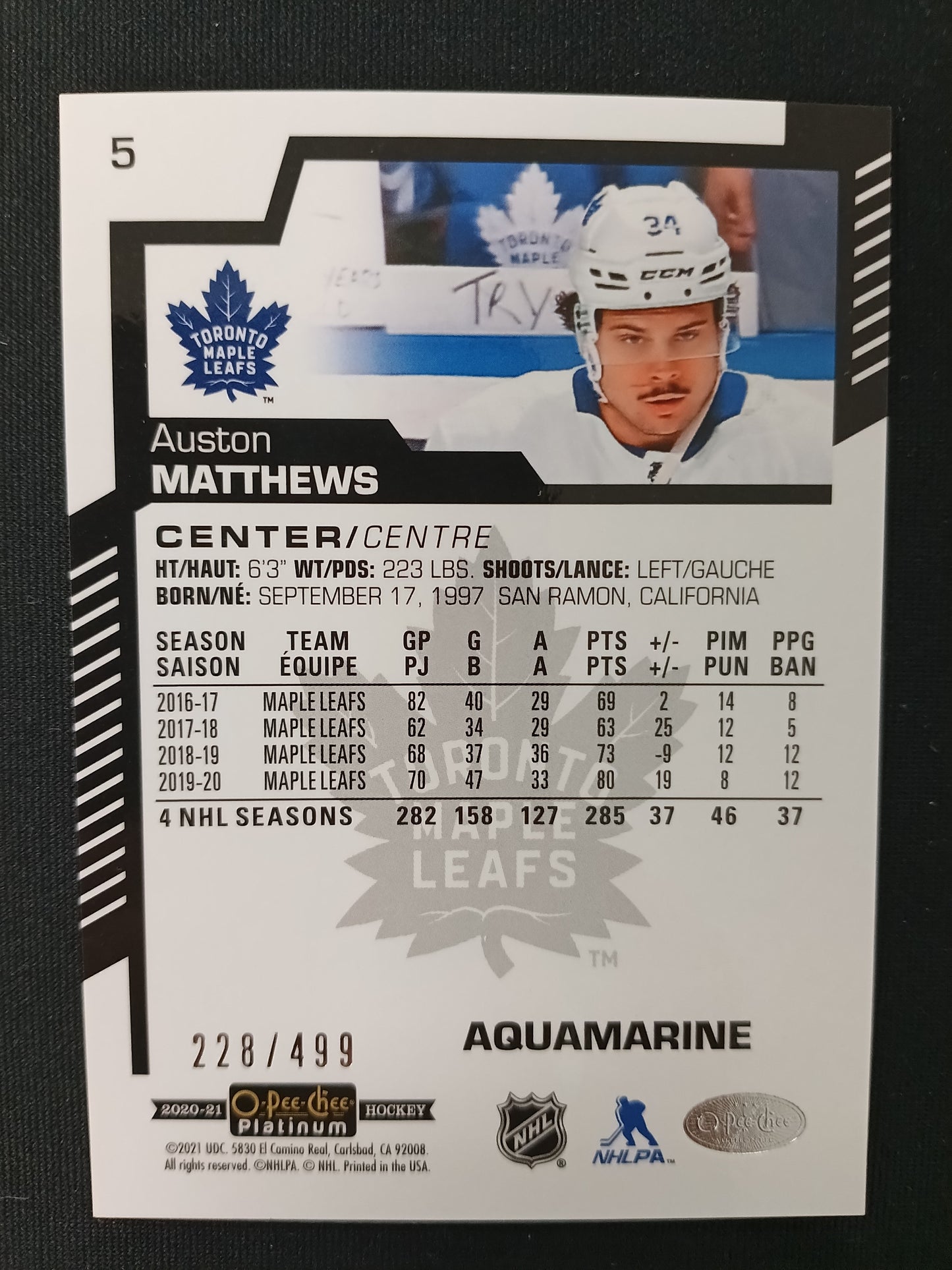 228/499 | Auston Matthews #5 O-Pee-Chee Platinum [Aquamarine]