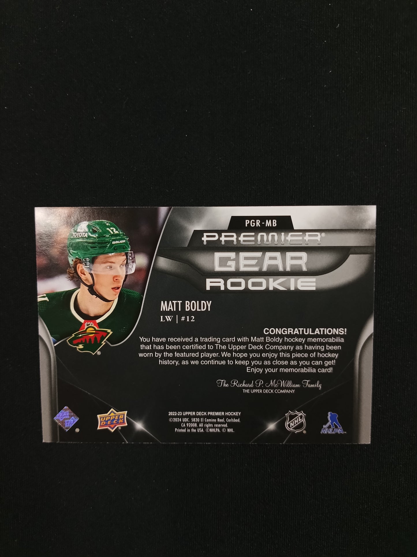 Matt Boldy 22-23 UD Premier Hockey Rookie Gear 78/99
